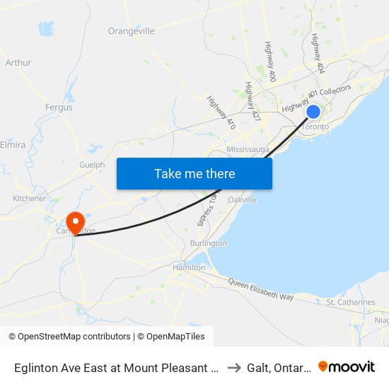 Eglinton Ave East at Mount Pleasant Rd to Galt, Ontario map