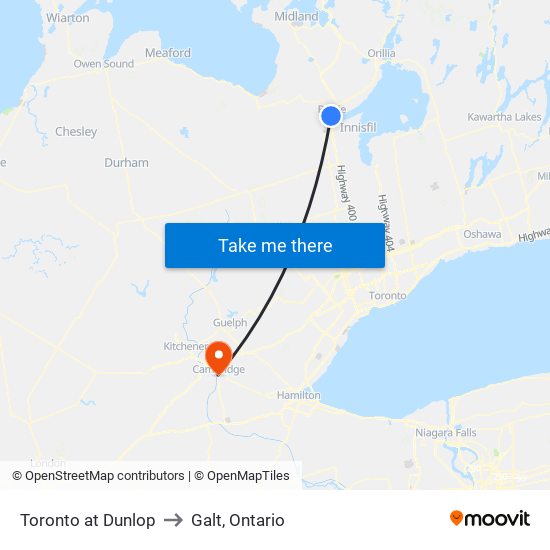 Toronto at Dunlop to Galt, Ontario map