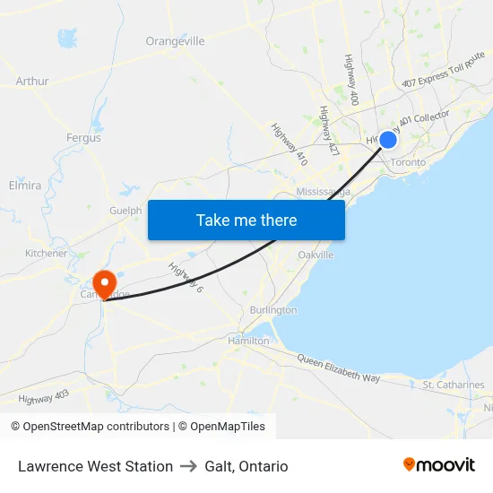 Lawrence West Station to Galt, Ontario map