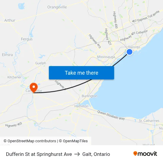 Dufferin St at Springhurst Ave to Galt, Ontario map