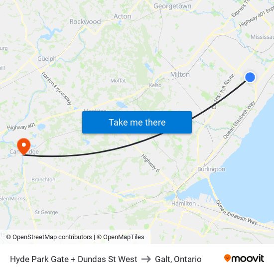 Hyde Park Gate + Dundas St West to Galt, Ontario map