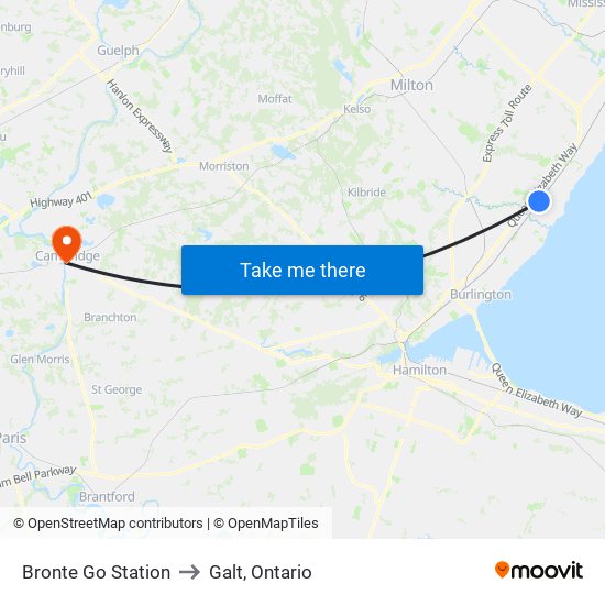 Bronte Go Station to Galt, Ontario map