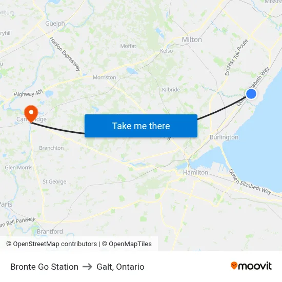 Bronte Go Station to Galt, Ontario map