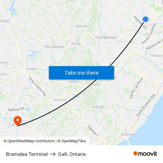 Bramalea Terminal to Galt, Ontario map