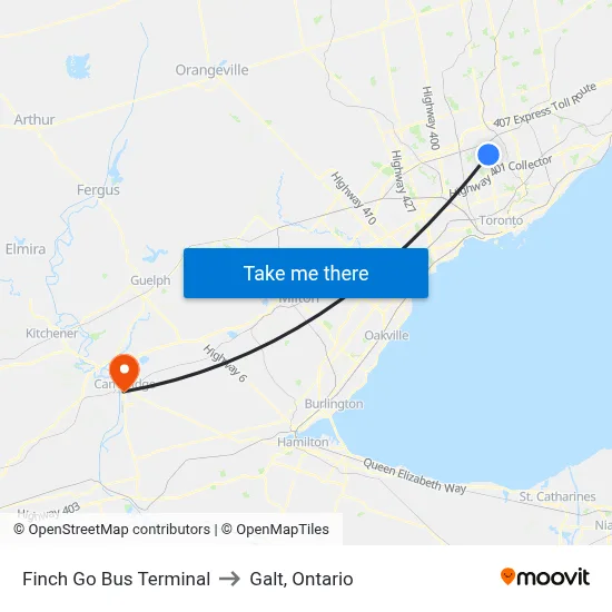 Finch Go Bus Terminal to Galt, Ontario map