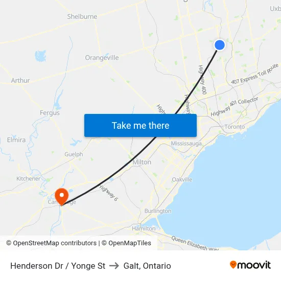 Henderson Dr / Yonge St to Galt, Ontario map