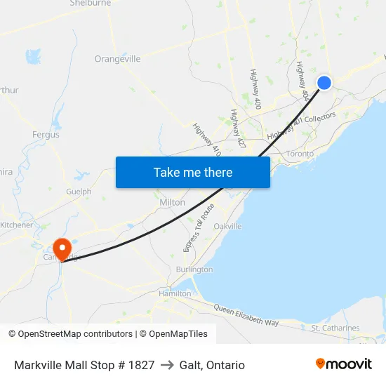 Markville Mall Stop # 1827 to Galt, Ontario map