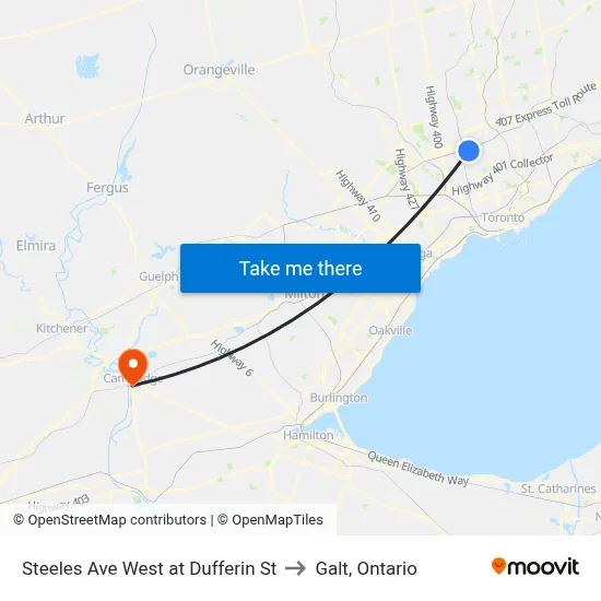 Steeles Ave West at Dufferin St to Galt, Ontario map