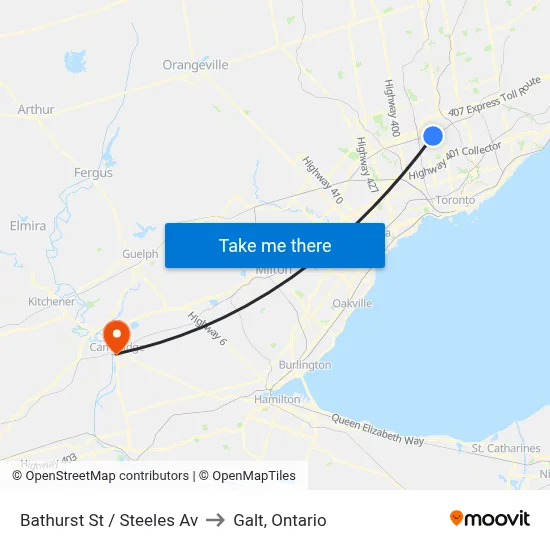 Bathurst St / Steeles Av to Galt, Ontario map