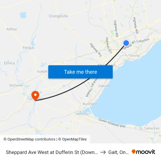 Sheppard Ave West at Dufferin St (Downsview Station) to Galt, Ontario map