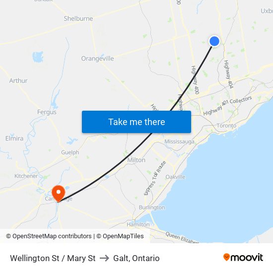 Wellington St / Mary St to Galt, Ontario map