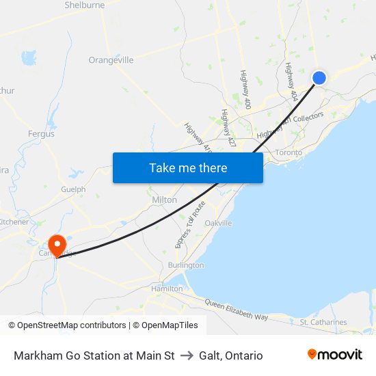 Markham Go Station at Main St to Galt, Ontario map