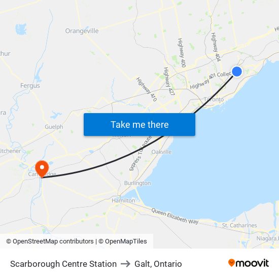 Scarborough Centre Station to Galt, Ontario map