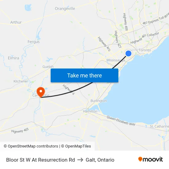 Bloor St W At Resurrection Rd to Galt, Ontario map