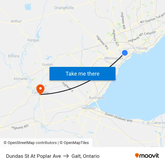 Dundas St At Poplar Ave to Galt, Ontario map