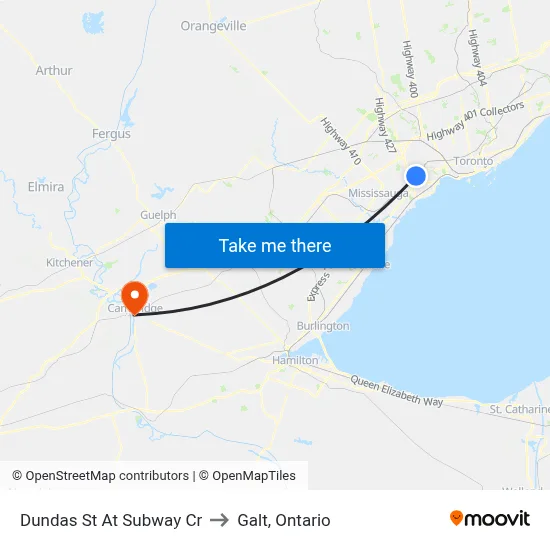 Dundas St At Subway Cr to Galt, Ontario map
