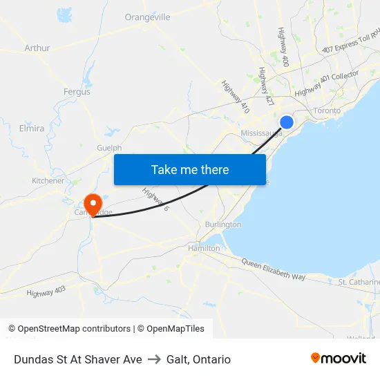Dundas St At Shaver Ave to Galt, Ontario map