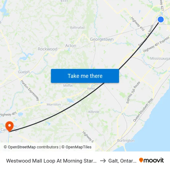 Westwood Mall Loop At Morning Star Dr to Galt, Ontario map