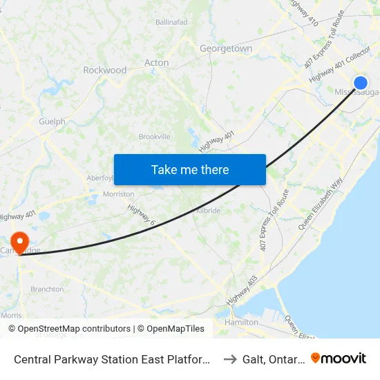 Central Parkway Station East Platform A to Galt, Ontario map