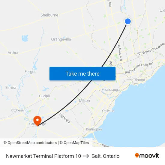 Newmarket Terminal Platform 10 to Galt, Ontario map