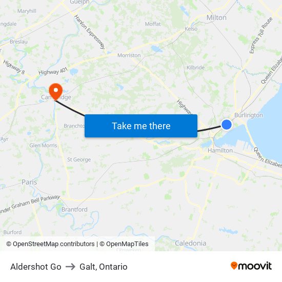 Aldershot Go to Galt, Ontario map