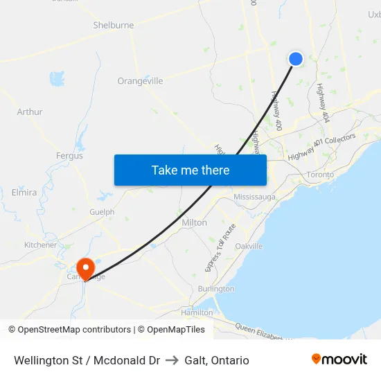 Wellington St / Mcdonald Dr to Galt, Ontario map