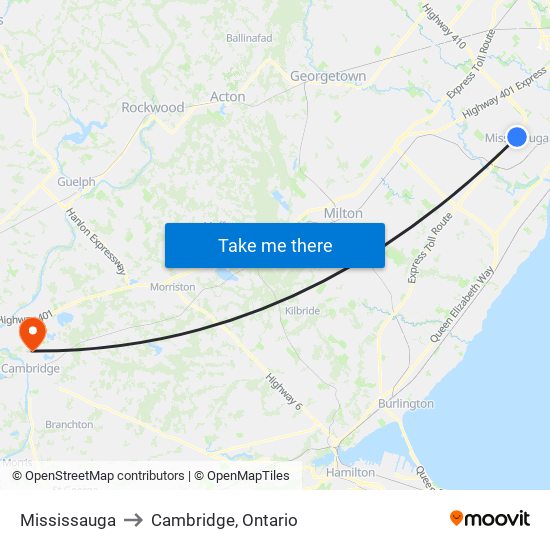 Mississauga to Cambridge, Ontario map