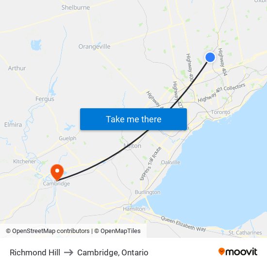 Richmond Hill to Cambridge, Ontario map