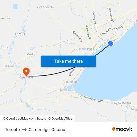 Toronto to Cambridge, Ontario map