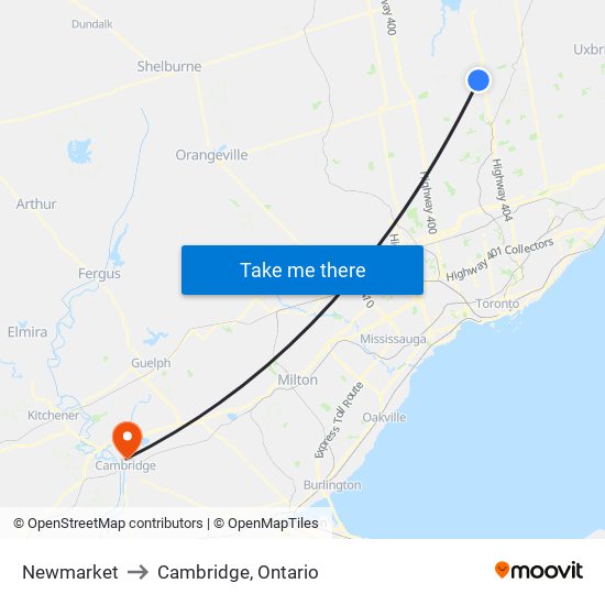 Newmarket to Cambridge, Ontario map