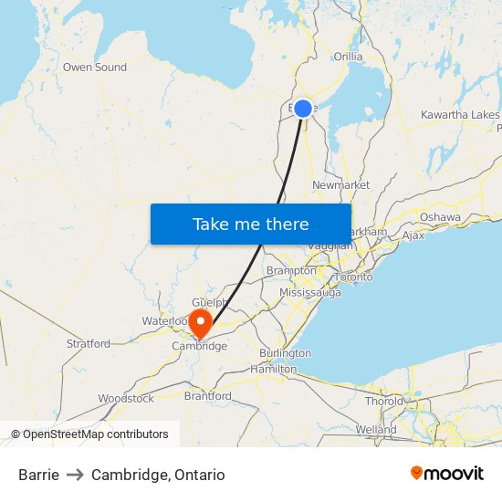 Barrie to Cambridge, Ontario map