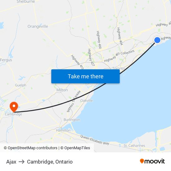 Ajax to Cambridge, Ontario map