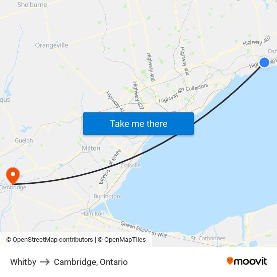 Whitby to Cambridge, Ontario map