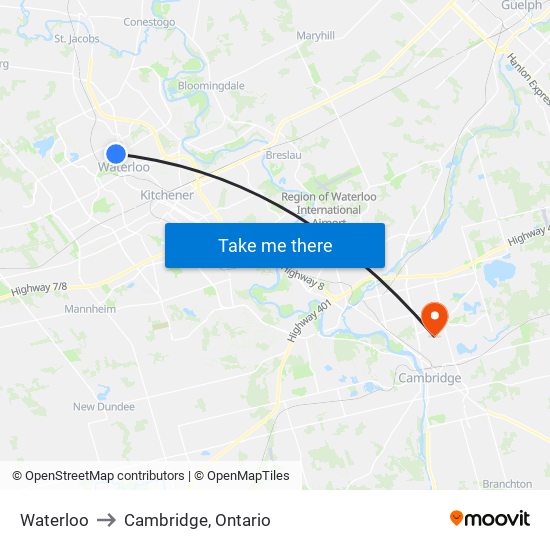 Waterloo to Cambridge, Ontario map
