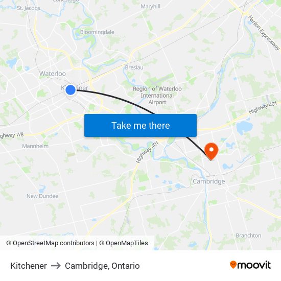 Kitchener to Cambridge, Ontario map