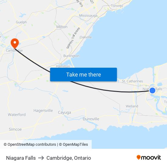 Niagara Falls to Cambridge, Ontario map