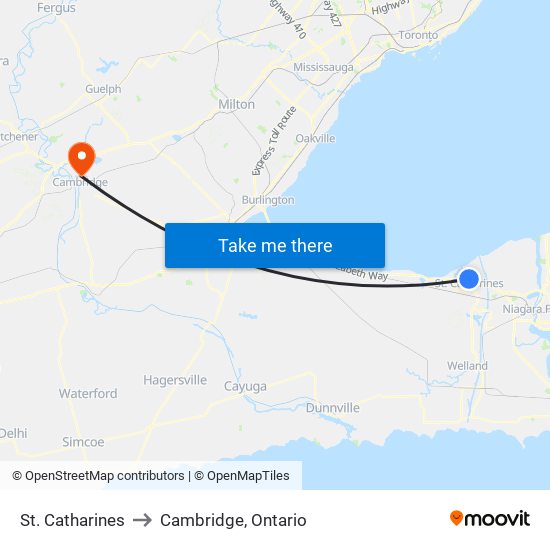 St. Catharines to Cambridge, Ontario map