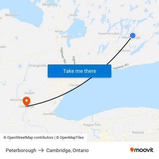 Peterborough to Cambridge, Ontario map