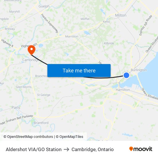 Aldershot VIA/GO Station to Cambridge, Ontario map