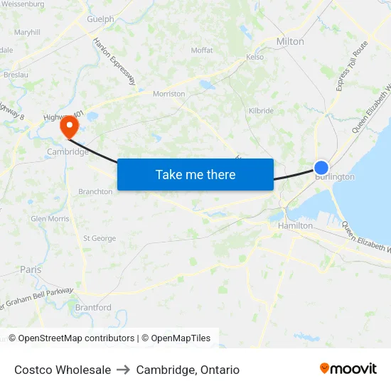 Costco Wholesale to Cambridge, Ontario map