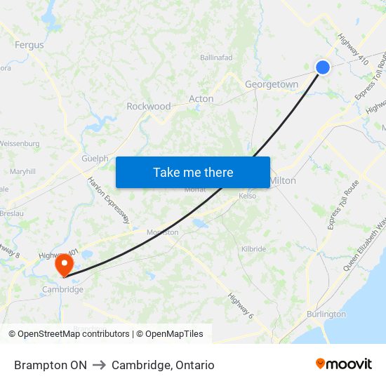 Brampton ON to Cambridge, Ontario map