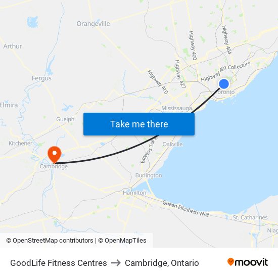 GoodLife Fitness Centres to Cambridge, Ontario map