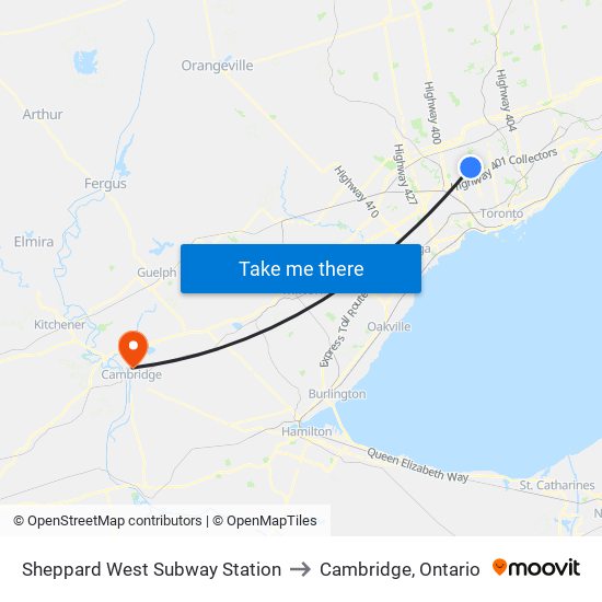 Sheppard West Subway Station to Cambridge, Ontario map