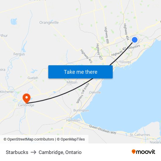 Starbucks to Cambridge, Ontario map