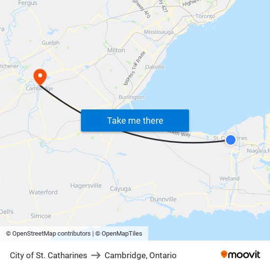 City of St. Catharines to Cambridge, Ontario map