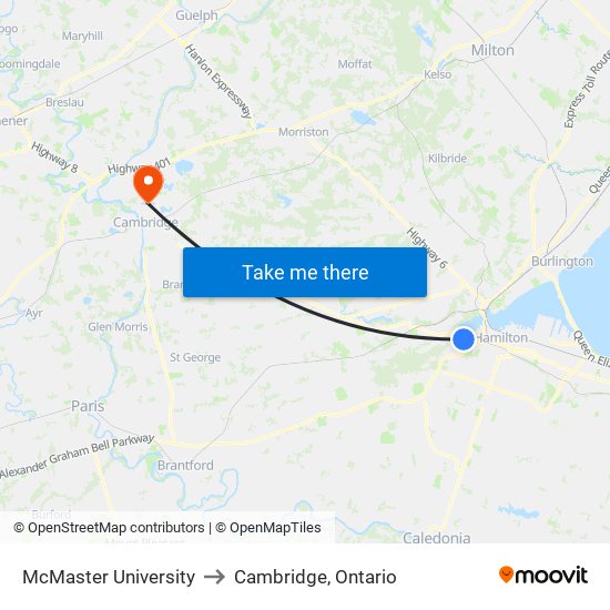 McMaster University to Cambridge, Ontario map