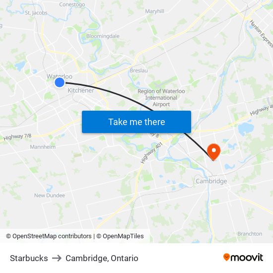 Starbucks to Cambridge, Ontario map