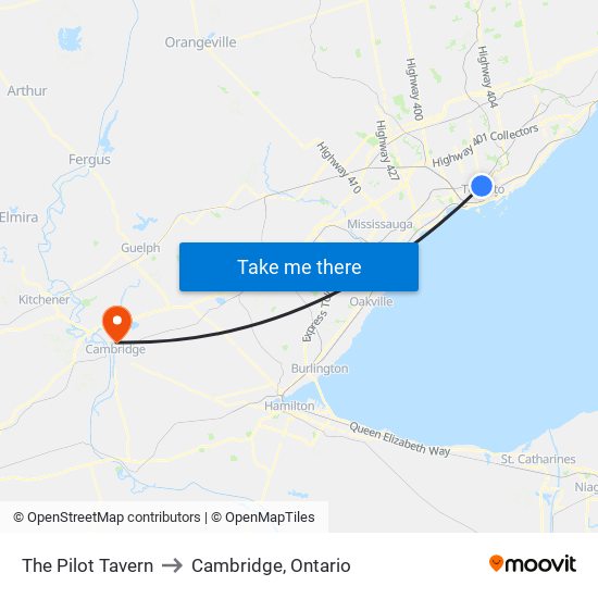 The Pilot Tavern to Cambridge, Ontario map