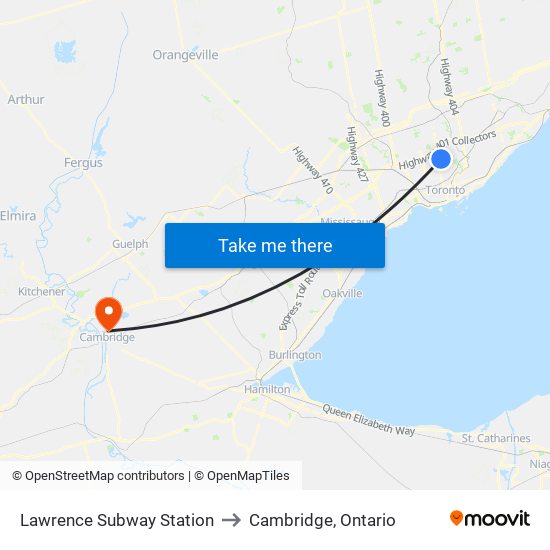 Lawrence Subway Station to Cambridge, Ontario map