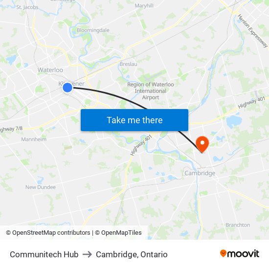 Communitech Hub to Cambridge, Ontario map